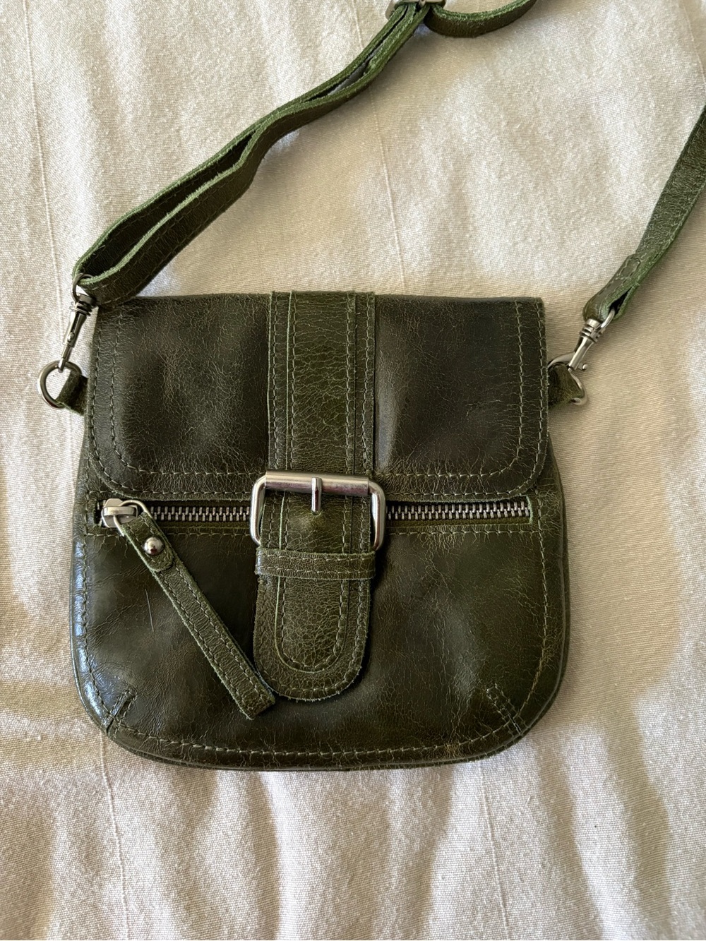 Tano Olive Green Leather Crossbody with Front Zip and Buckle